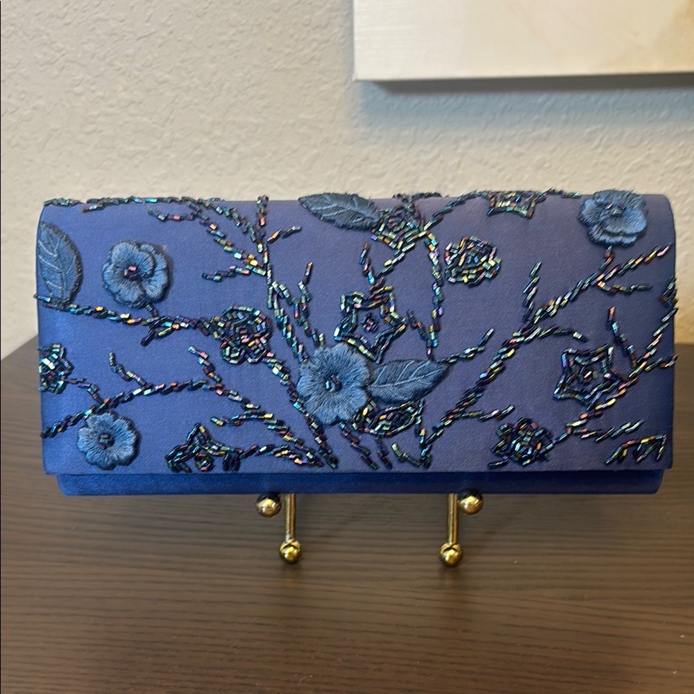 Preston & York Blue Embroidered Floral Evening Clutch